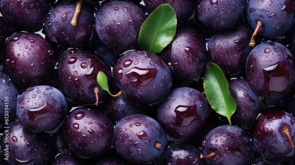 Fototapeta premium Background of Damson , HD, Decorate with water drops, Background Wallpaper, Desktop Wallpaper , Generative Ai