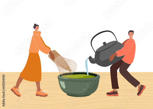 Tiny people preparing matcha tea. Tiny woman carries Matcha bamboo whisk, man pours tea from kettle into cup. Japanese drink Vector illustration isolated on white background for tea party, menu, shop.