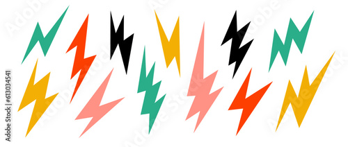 Colorful lightning bolt set. Bright thunderbolt collection. Flash symbols in cartoon colors. Lightning strike signs. Vector illustration 