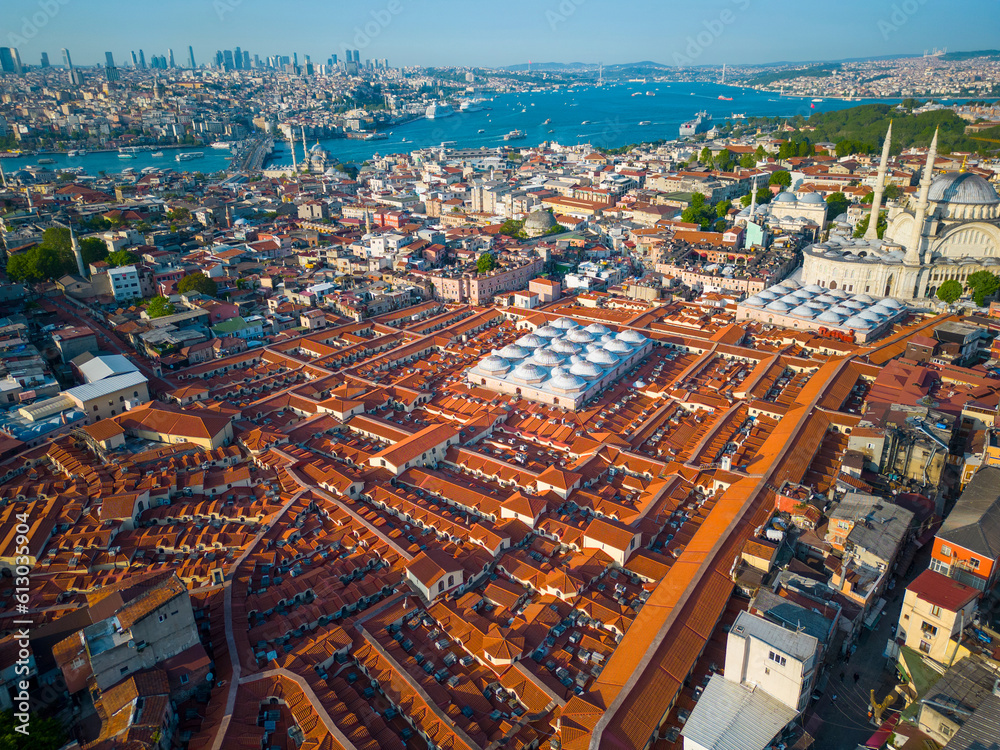 Grand Bazaar aerial view in Fatih district in historic city of Istanbul, Turkey. Historic Areas of Istanbul is a UNESCO World Heritage Site since 1985.  