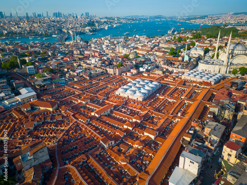 Grand Bazaar aerial view in Fatih district in historic city of Istanbul, Turkey. Historic Areas of Istanbul is a UNESCO World Heritage Site since 1985. 