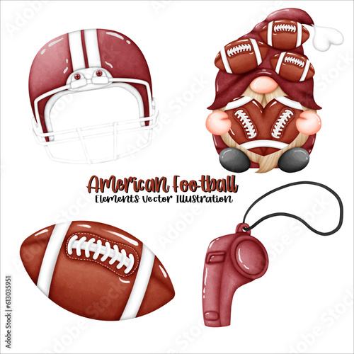 Gnome American Football Ball Helmet Whistle Element Watercolor Vector File ,Clipart Cute cartoon vintage-Retro style For banner, poster, card, t shirt, sticker