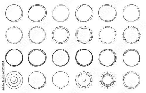 Set of hand drawn circles, round shapes and objects, doodle style