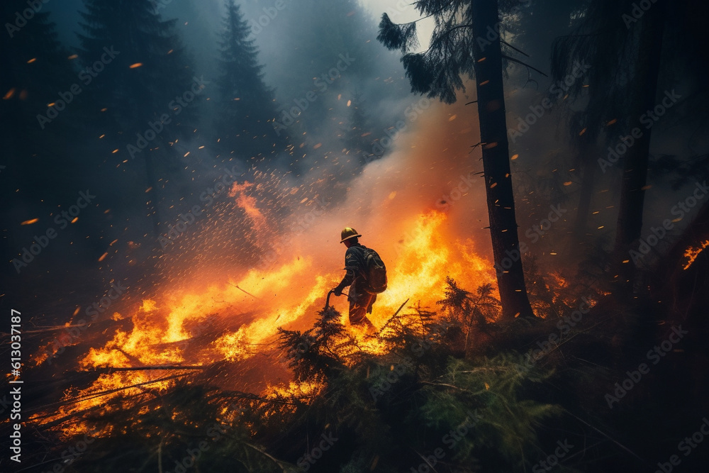 Illustration of a forest fire that is out of control. Generative AI.  - obrazy, fototapety, plakaty 