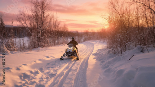 Illustration of a snowmobile on a winter path. Generative AI.  