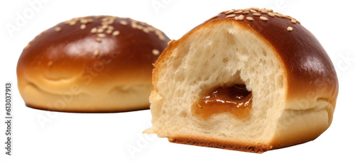 Sweet bread with filling. A whole and half a bun. Round bun isolated. Generative AI.