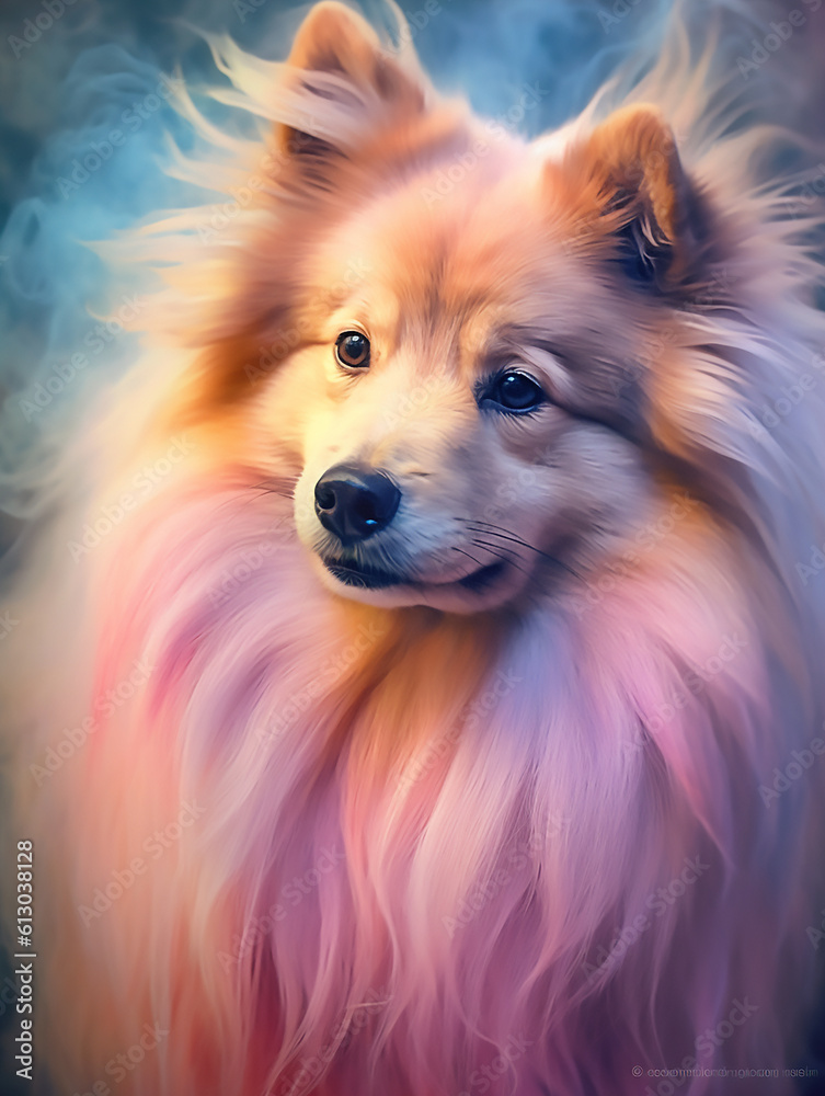 Naklejka premium A pastel - colored Dog with a majestic mane, rendered in soft hues of pink, purple, and blue, Generative AI