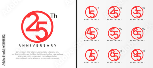 set of anniversary logo red color number in circle and black text on white background for celebration