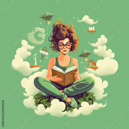 girl reading book with book in hand and cloud, green tone