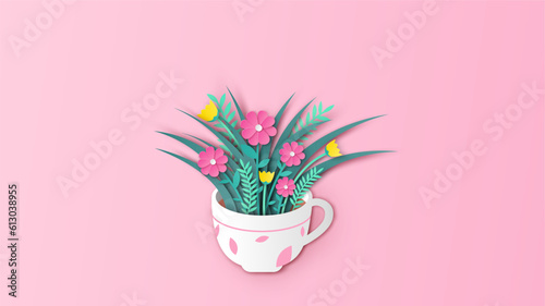 Bouquet of flowers in coffee cup. Creative design for coffee cup decorated with flowers in spring. paper cut and craft style. vector, illustration.