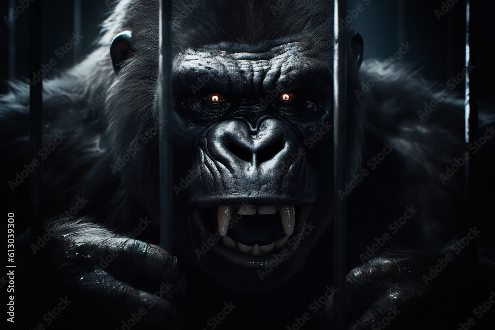 Dangerous angry gorilla behind iron bars, scary monkey in captivity. Wild animal Generative AI illustration Dangerous angry gorilla behind iron bars, scary monkey in captivity. Wild animal Generative AI illustration