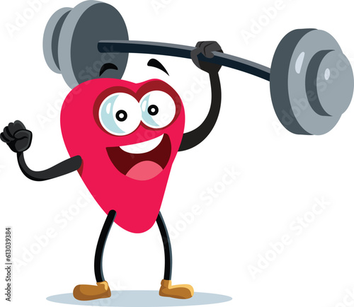 Strong Heart Lifting Weights Feeling Powerful Vector Cartoon Illustration. Happy heart doing cardiovascular exercise of powerlifting barbells
