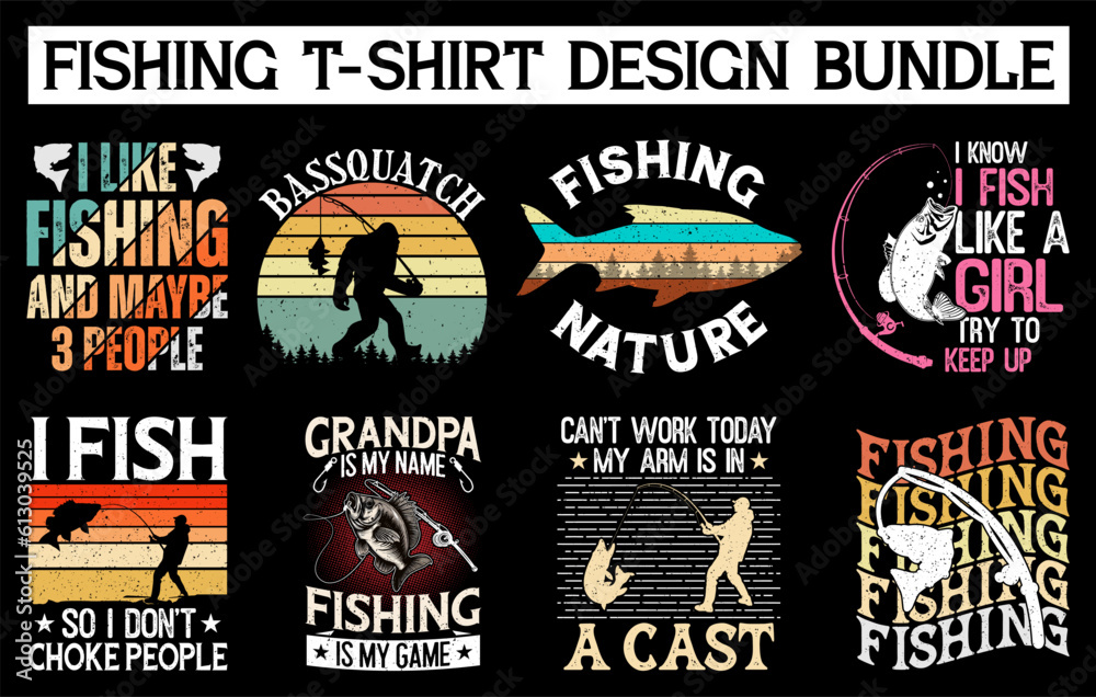 Fishing t-shirt design bundle, Fishing vintage t-shirt collection, vintage fishing t-shirt set graphic illustration, Fishing vector emblem