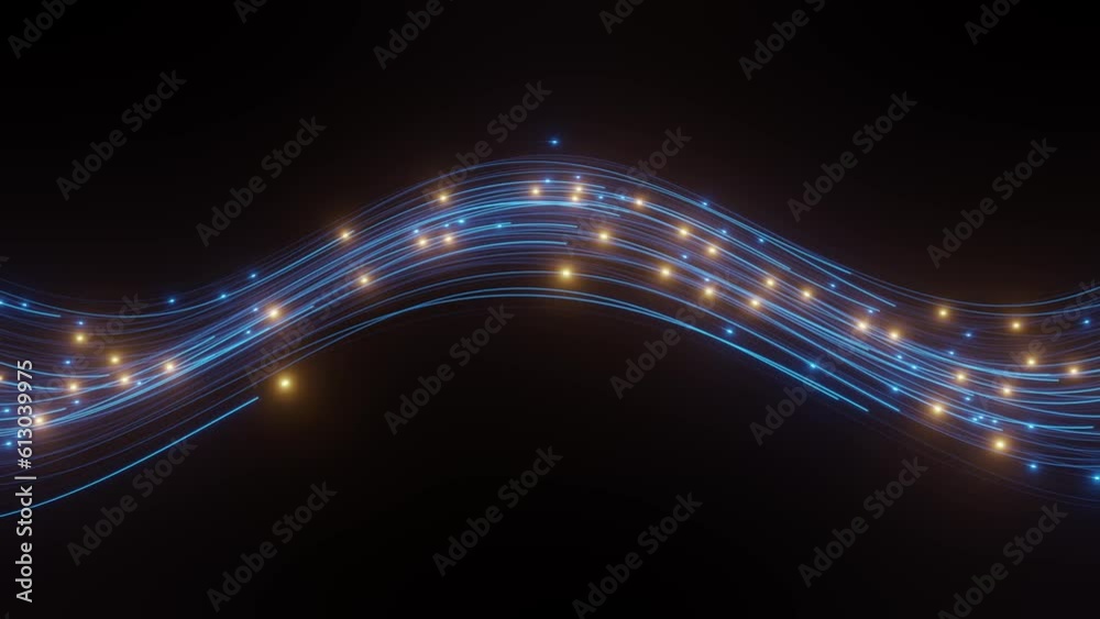Fiber network waving backdrop blue loop animated of particle and line. universe dust with movement stars. virtual space. lighting balls along neon curves.
