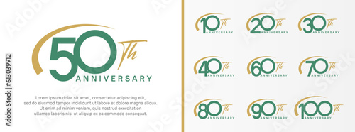 set of anniversary logo green color number and brown swoosh on white background for celebration
