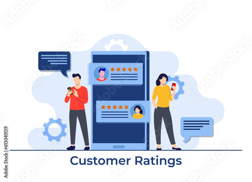 Application feedback concept, Users leaving good ratings and reviews on smartphone screen, Happy clients giving positive feedbacks flat illustration vector template