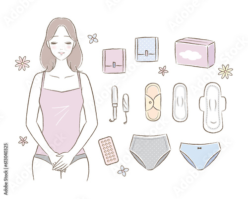 女性の生理用品・サニタリーグッズの手描き風イラストと若い女性のイラストセット
