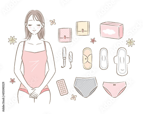 女性の生理用品・サニタリーグッズの手描き風イラストと若い女性のイラストセット