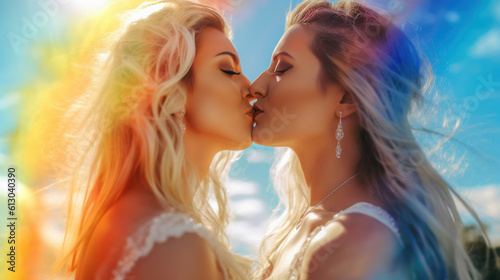 Two beautiful brides kissing against blurred rainbow flag.