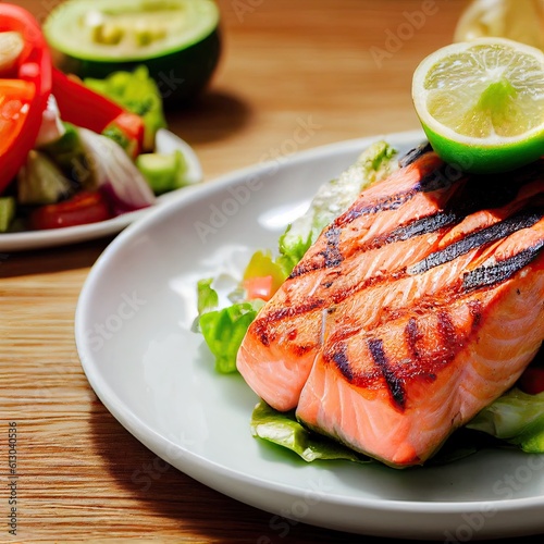 Healthy and Satisfying. Grilled Salmon Fillet with Green Lettuce and Avocado Guacamole Salad - A Delicious Way to Boost Your Nutrition!. generative ai.