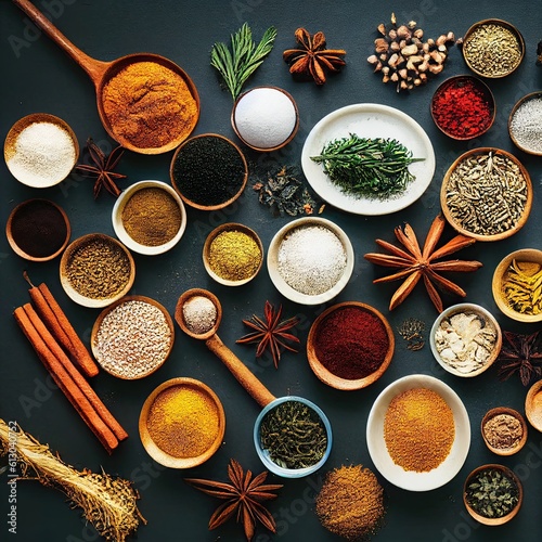 Spice Up Your Life. A Wide Variety of Spices and Herbs on a Black Table Background with Ample Space for Text or Labeling. generative ai.