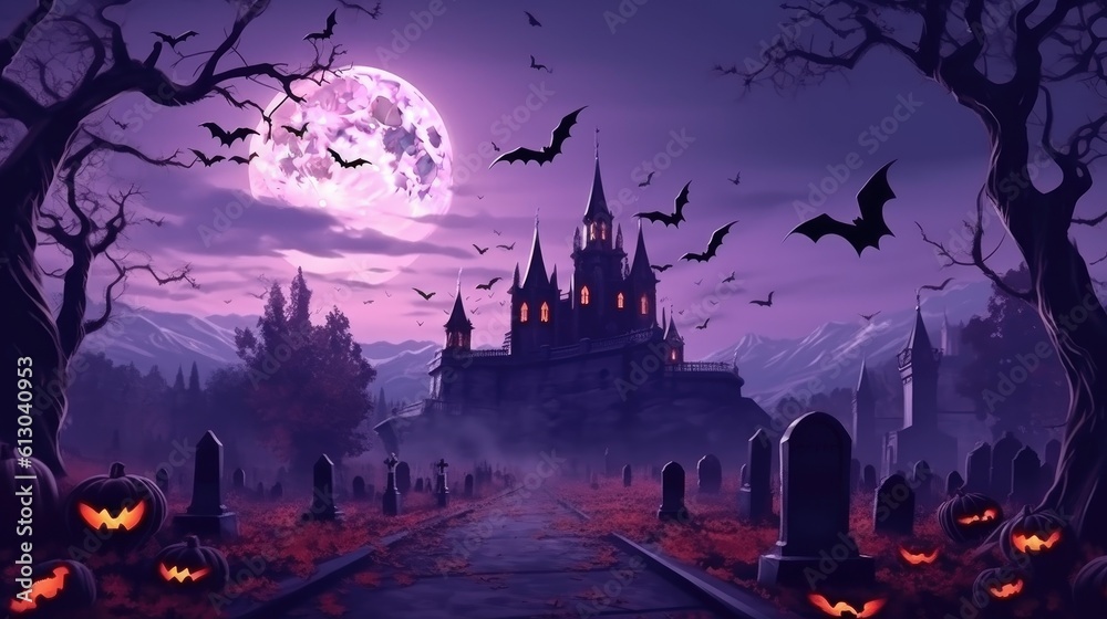 Halloween with jack - o' - lanterns and haunted house at spooky night and bat, Generative AI