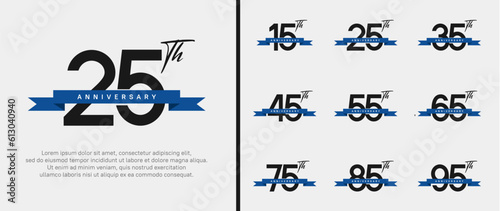 set of anniversary logo flat black color number and blue ribbon on white background for celebration