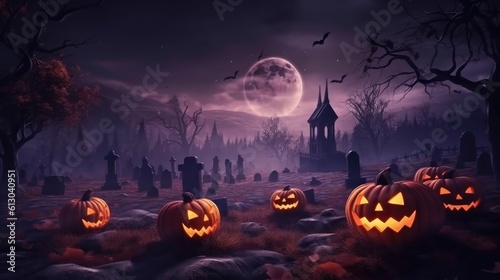 Halloween with jack - o' - lanterns and haunted house at spooky night and bat, Generative AI
