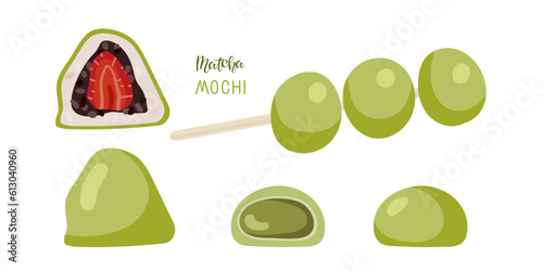 Matcha Mochi. Japanese rice dessert. Traditional Japanese dessert. Dessert options. Flat Vector illustration with Healthy sweet snacks. Banner, poster, restaurant menu, national mochi day.