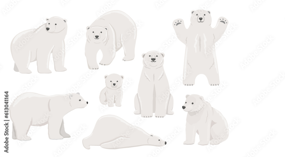 White polar bear stands on paws, lying. Baby White polar bear set. Flat vector illustration White polar bear stands on paws, lying. Baby White polar bear set. Flat vector illustration