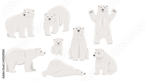 White polar bear stands on paws, lying. Baby White polar bear set. Flat vector illustration