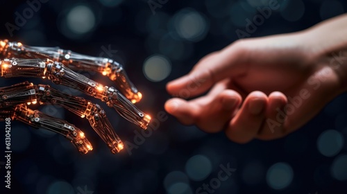 Hands of robot handshake human. Machine learning. Science and AI, Artificial intelligence technology, innovation and futuristic. Generative AI.