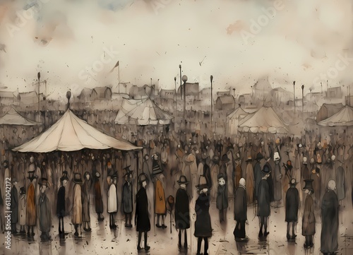 wet & rainy fair: abstract illustration of crowds and groups in modern style; created using generative AI