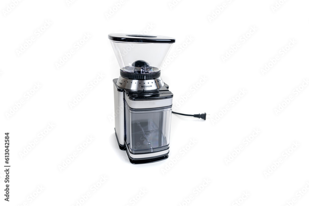 Espresso bean coffee grinder. brand new and clean, front view over white. Espresso bean coffee grinder. brand new and clean, front view over white.