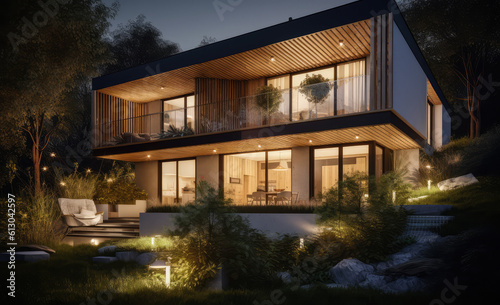 3d real estate house render at night with greenery on view, generative AI © Kien