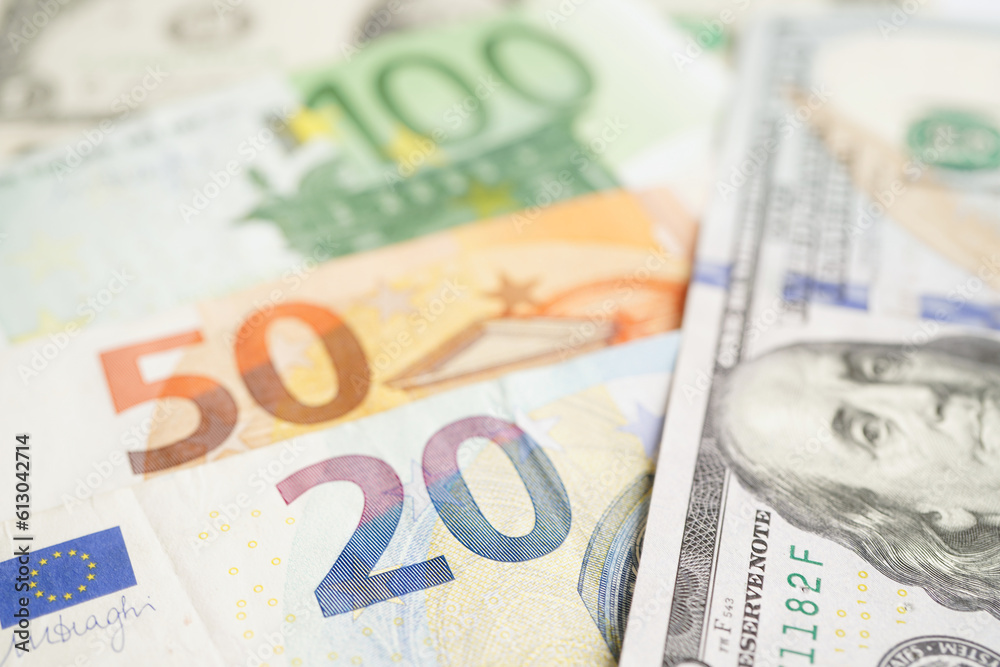 Euro and US dollar banknote cash money, finance economic banking business exchange market concept. Euro and US dollar banknote cash money, finance economic banking business exchange market concept.