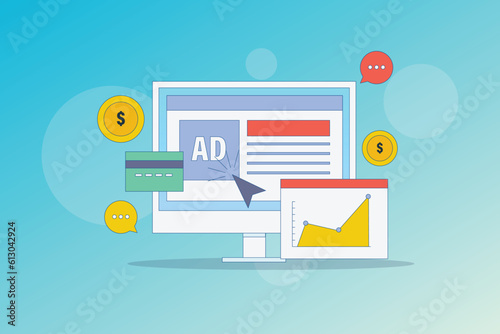 Digital advertising concept . Website banner advertising, Paid advertising increasing website traffic. Analysis of Pay per click marketing. Vector illustration with icons