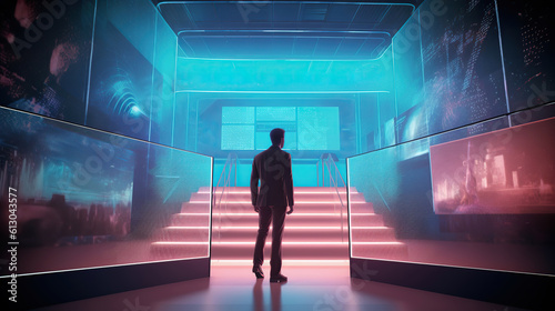Person standing in front of stairs, futuristic lighting 