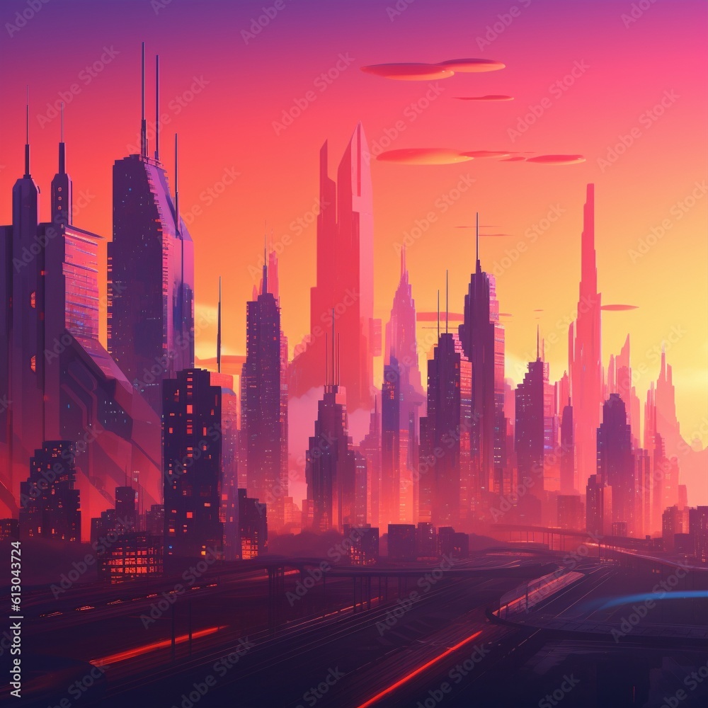 Futuristic City Skyline at Dawn with Modern Architecture and Neon Lights