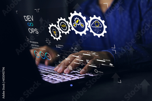 Fototapeta kuchenna devops software developer IT operation engineer work with agile programer development concept with dev ops icon computer screen project manager operation sysadmin typing on keyboard. Gear process flow