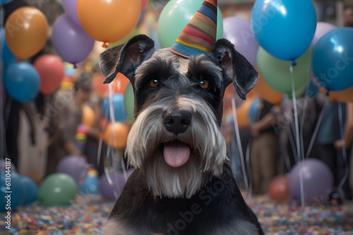 A silly schnauzer wearing a party hat and surrounded by balloons, Generative AI