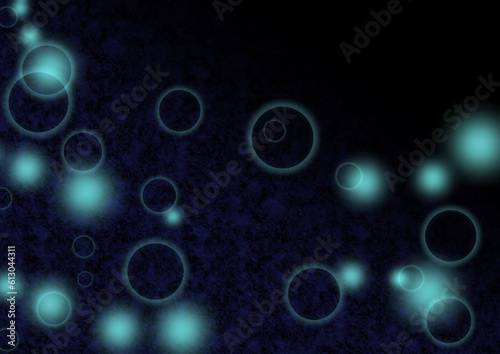 暗い背景に青系の発光がふわふわ飛んでいるイラスト素材