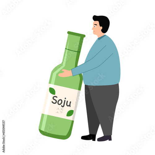 Soju addiction concept vector illustration. Fat man drinking Korean alcohol in flat design on white background.