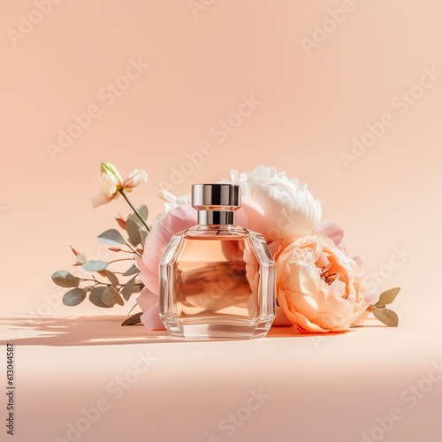 Glass perfume bottle mockup with flowers on pastel background. Natural beautiful feminine smell scent concept. Generated AI.