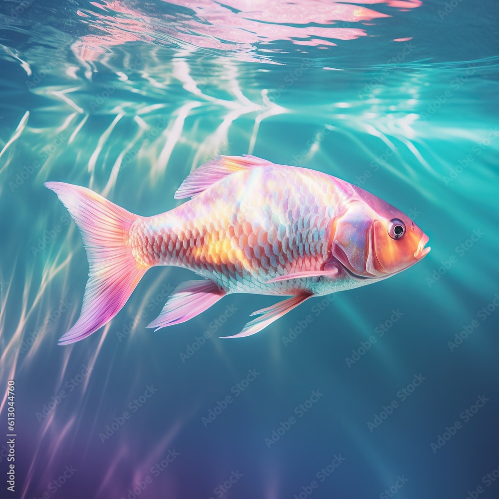 Fototapeta premium Neon colored fish on a pastel beach in the sea. Summer time with neon pink blue turquoise color with sun rays and sunshine. Generated AI.