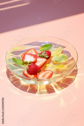 Neon colored plate with watermelon banana fruits on the pool or pastel LA California beach. Summer refresment time with neon pink blue turquoise color with sun rays and sunshine.