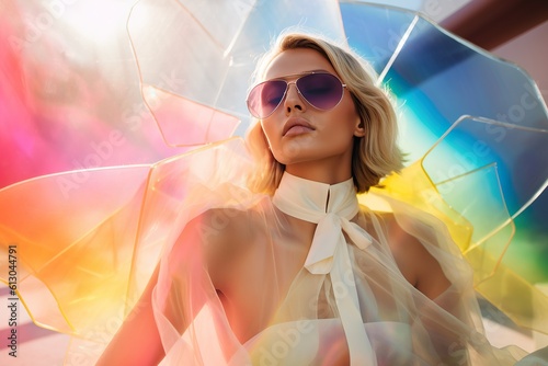 Beautiful blonde woman and neon colored sun shadow marquee on a pastel beach. Summer time with neon pink blue turquoise color with sun rays and sunshine. Generated AI.