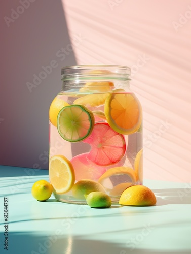 Neon colored plate with lemon lime water with fruits on the pool or pastel LA California beach. Summer refresment time with neon pink blue turquoise color with sun rays and sunshine. Generated AI.