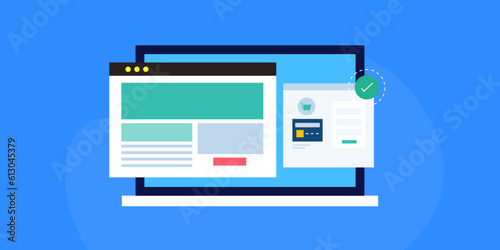 Ecommerce shopping, finishing checkout process with credit card payment information on laptop, vector illustration web banner.