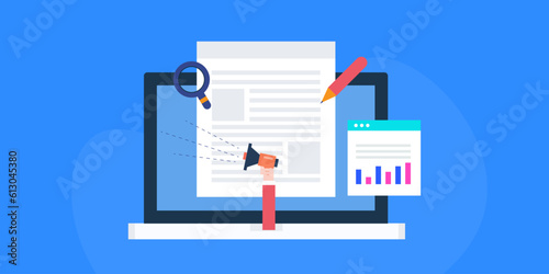 Content marketing campaign strategy, content research and writing, content promotion and engagement report analysis on laptop screen, vector illustration web banner.